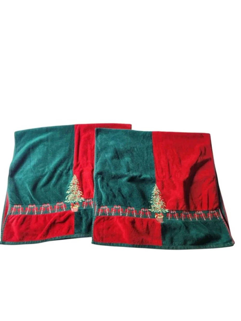 Vintage Christmas Trees Candy Canes Embroidered Bath Towels Set Of Two